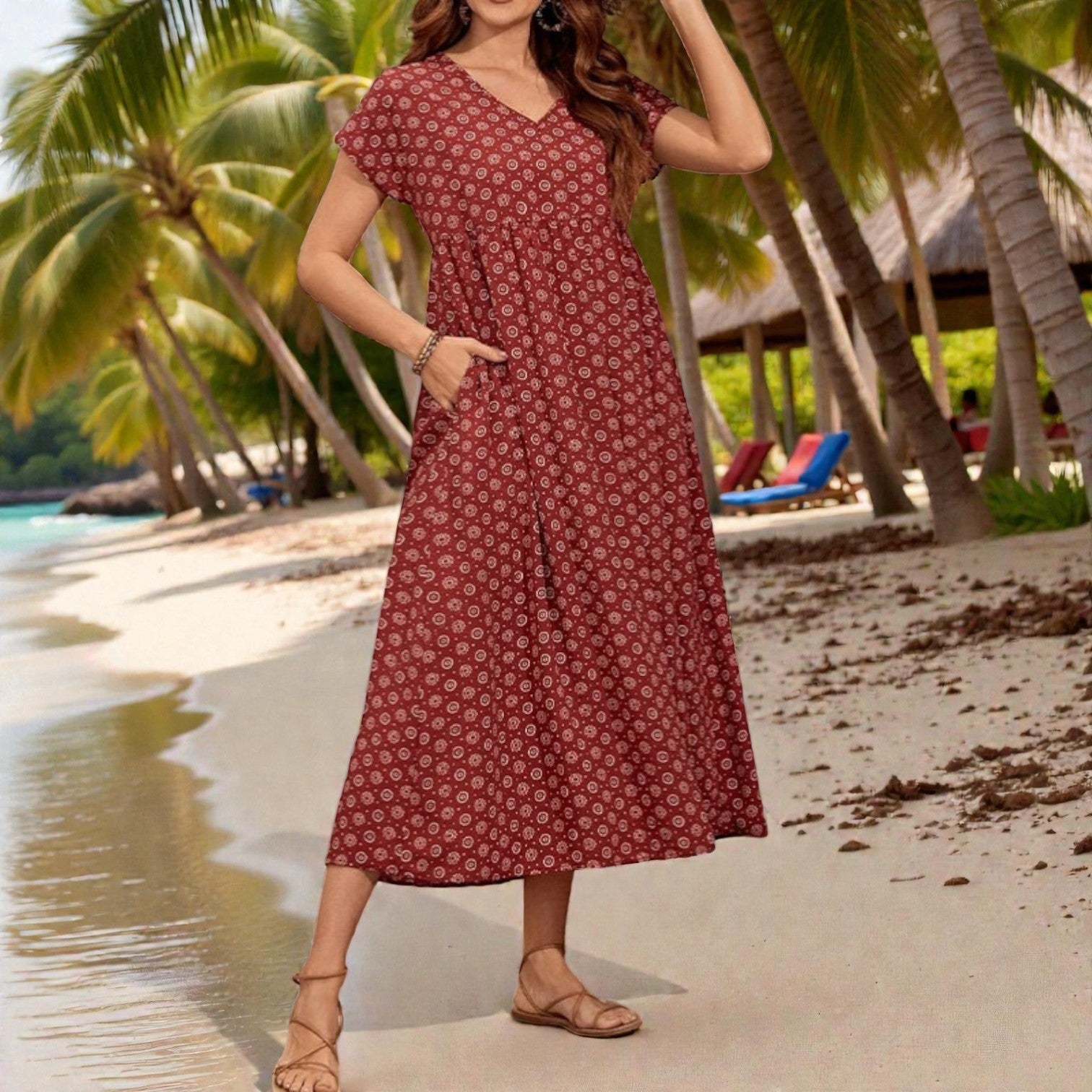 Noa | Dames Maxi Jurk met Boho Print en Gesmockte Empire Taille