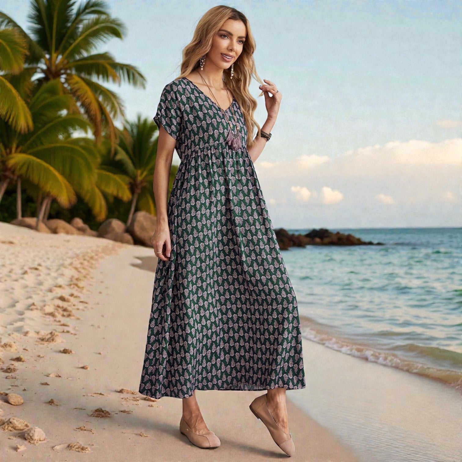 Noa | Dames Maxi Jurk met Boho Print en Gesmockte Empire Taille