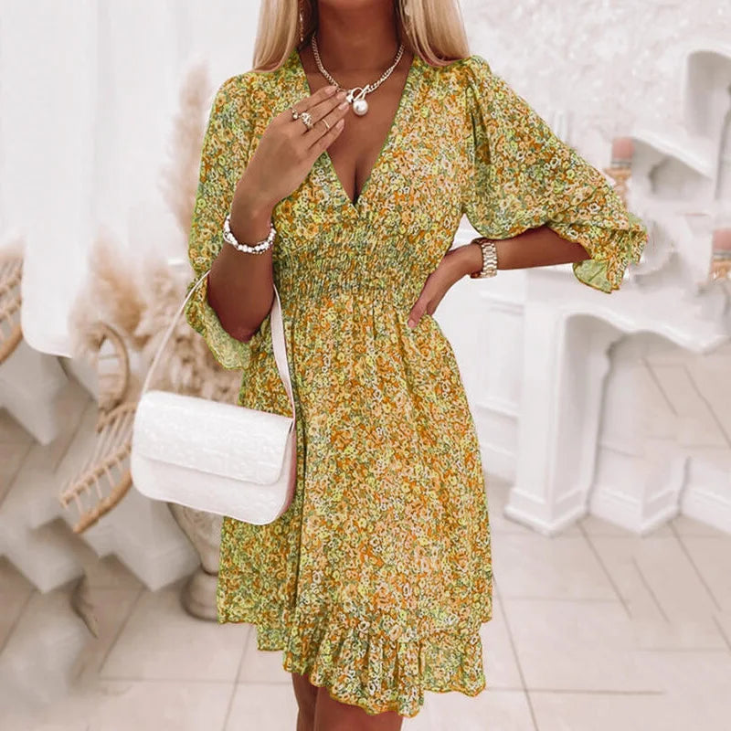 Mila | Dames Bloemenprint Jurk met Diepe V-hals en Gerimpelde Taille